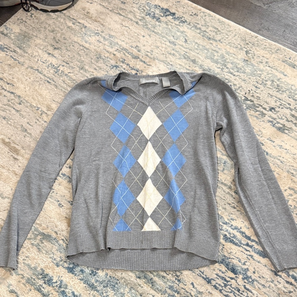 Gray Argyle Sweater with Blue and White Accents